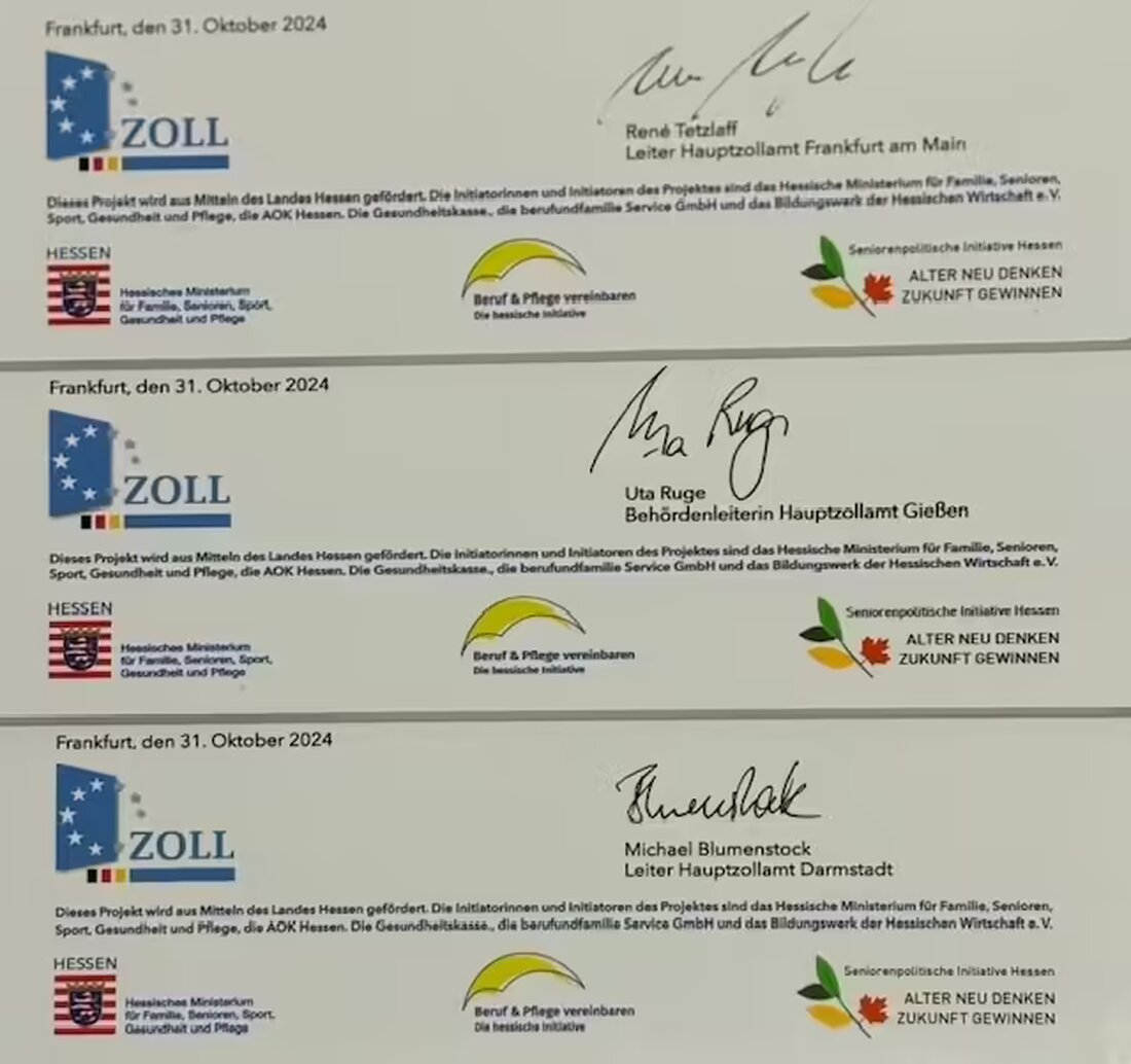 Am 31. Oktober erhielt die Hauptzollämter Darmstadt, Frankfurt und Gießen die Charta-Urkunde zur Vereinbarkeit von Beruf und Pflege, überreicht von Ministerin Diana Stolz.