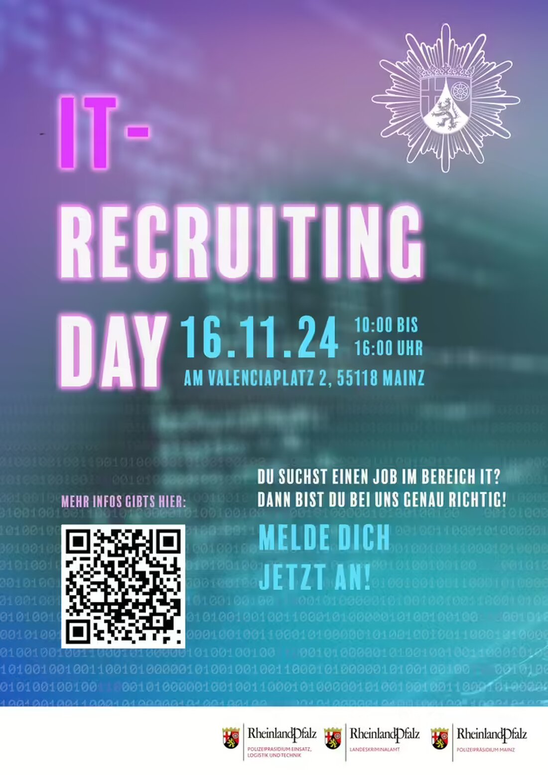 Die Mainzer Polizeibehörden laden am 16. November 2024 zum IT-Recruiting Day ein, um IT-Experten für moderne Polizeiarbeit zu gewinnen.