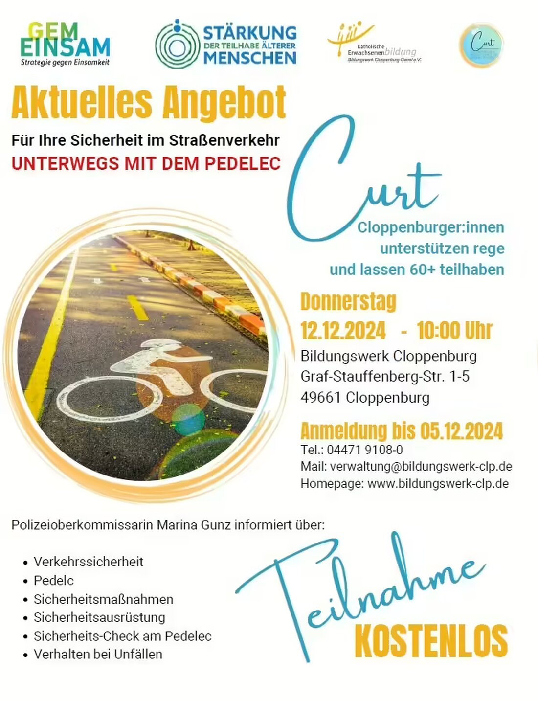 Der Landkreis Cloppenburg und die Polizei laden zu kostenlosen Präventionsveranstaltungen für Pedelec-Fahrer am 18.11. und 12.12.2024 ein.