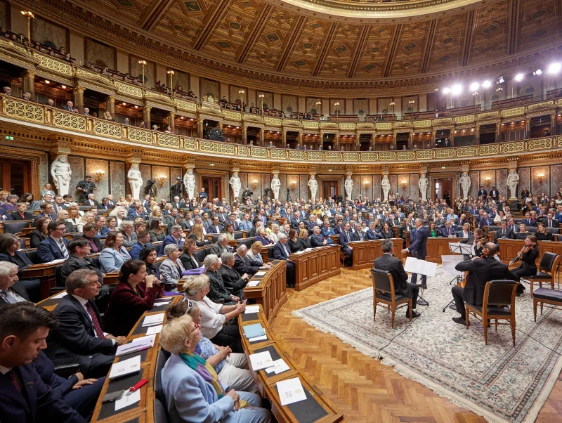 Viele Menschen sitzen in den Reihen des Bundesversammlungssaals bei der Gedenkveranstaltung gegen Gewalt und Rassismus im Gedenken an die Opfer des Nationalsozialismus im Jahr 2023. Vorne spielt ein Streich-Quartett.